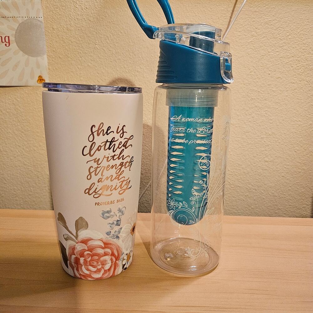 Christian Scripture Stainless Steel Tumbler And Plastic Infuser Water Bottle Set